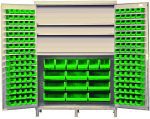 The Quantum Heavy-Duty 60 Bin Cabinet, measuring 60W x 24D x 84H, features a robust construction and beige powder-coated finish. It includes three adjustable shelves and is equipped with an array of green bins: (80) Qus210, (90) Qus220, (6) Qus240, and (9) Qus250 for efficient organization.