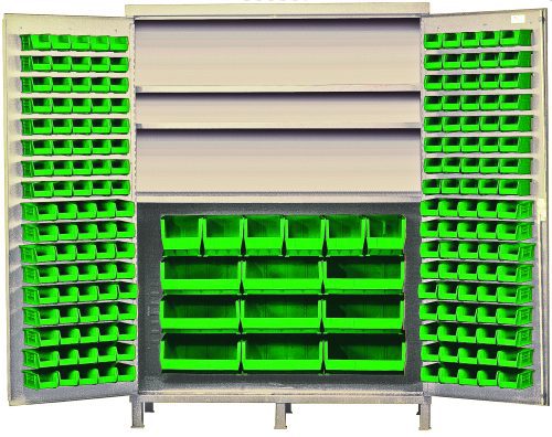The Quantum Heavy-Duty 60 Bin Cabinet, measuring 60W x 24D x 84H, features a robust construction and beige powder-coated finish. It includes three adjustable shelves and is equipped with an array of green bins: (80) Qus210, (90) Qus220, (6) Qus240, and (9) Qus250 for efficient organization.