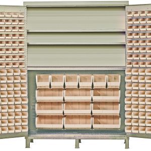 The Quantum Heavy-Duty 60 Bin Cabinet, made with 14 gauge all welded construction, has a capacity of 500 lb. per shelf and includes three adjustable shelves. It features beige powder-coated finish and a variety of ivory bins: (80) Qus210, (90) Qus220, (6) Qus240, and (9) Qus250 for versatile storage.