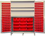 The Quantum Heavy-Duty 60 Bin Cabinet features a sturdy 14-gauge all-welded construction, three adjustable shelves, and a beige powder-coated finish. It includes various red bins organized in rows and each shelf supports up to 500 lbs. Dimensions are 60W x 24D x 84H.