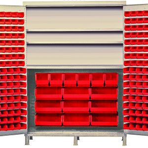 The Quantum Heavy-Duty 60 Bin Cabinet features a sturdy 14-gauge all-welded construction, three adjustable shelves, and a beige powder-coated finish. It includes various red bins organized in rows and each shelf supports up to 500 lbs. Dimensions are 60W x 24D x 84H.