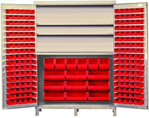 The Quantum Heavy-Duty 60 Bin Cabinet features a sturdy 14-gauge all-welded construction, three adjustable shelves, and a beige powder-coated finish. It includes various red bins organized in rows and each shelf supports up to 500 lbs. Dimensions are 60W x 24D x 84H.