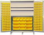 The Quantum Heavy-Duty 60 Bin Cabinet measures 60W x 24D x 84H with a 500 lb capacity per shelf. It has a durable beige powder-coated finish and includes three adjustable shelves, holding (80) QUS210, (90) QUS220, (6) QUS240, and (9) QUS250 yellow bins for organized storage.