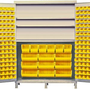 The Quantum Heavy-Duty 60 Bin Cabinet measures 60W x 24D x 84H with a 500 lb capacity per shelf. It has a durable beige powder-coated finish and includes three adjustable shelves, holding (80) QUS210, (90) QUS220, (6) QUS240, and (9) QUS250 yellow bins for organized storage.