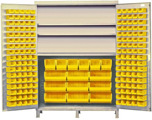 QSC-BG-60S_YL.jpg The Quantum Heavy-Duty 60 Bin Cabinet measures 60W x 24D x 84H with a 500 lb capacity per shelf. It has a durable beige powder-coated finish and includes three adjustable shelves, holding (80) QUS210, (90) QUS220, (6) QUS240, and (9) QUS250 yellow bins for organized storage.