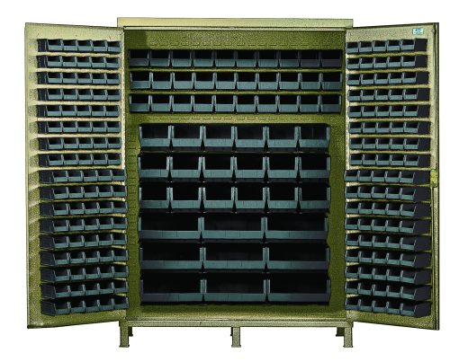 QSC-BG-60_BK.jpg The Quantum Heavy-Duty 60 Bin Cabinet with open doors shows neatly organized black bins in a sturdy 60W x 24D x 84H frame, ideal for storing parts or tools. Includes: (80) QUS210, (90) QUS220, (30) QUS230, (18) QUS240, and (9) QUS250 bins in a beige powder-coated finish.