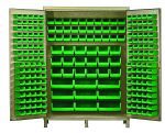 Quantum Heavy-Duty 60 Bin Cabinet, measuring 60W x 24D x 84H, features a beige powder-coated finish and houses (30) QUS230 and (80) QUS210 green bins. This all-welded, 14-gauge cabinet is organized for efficient storage with uniformly distributed small bins.