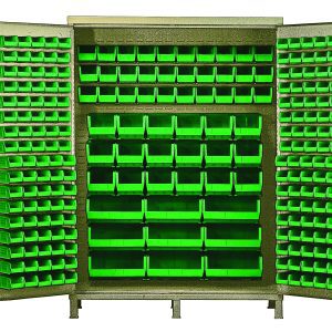 Quantum Heavy-Duty 60 Bin Cabinet, measuring 60W x 24D x 84H, features a beige powder-coated finish and houses (30) QUS230 and (80) QUS210 green bins. This all-welded, 14-gauge cabinet is organized for efficient storage with uniformly distributed small bins.