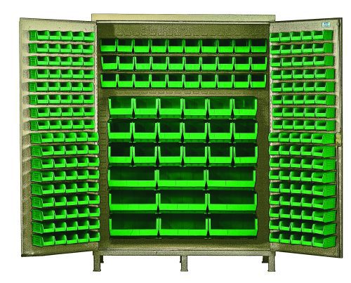 Quantum Heavy-Duty 60 Bin Cabinet, measuring 60W x 24D x 84H, features a beige powder-coated finish and houses (30) QUS230 and (80) QUS210 green bins. This all-welded, 14-gauge cabinet is organized for efficient storage with uniformly distributed small bins.