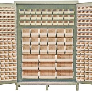 The Quantum Heavy-Duty 60 Bin Cabinet, sized at 60W x 24D x 84H, boasts a robust beige powder-coated finish with a welded design. It includes (80) QUS210, (90) QUS220, (30) QUS230, (18) QUS240, and (9) QUS250 ivory bins for optimal organization in its multiple grid compartments and door slots.