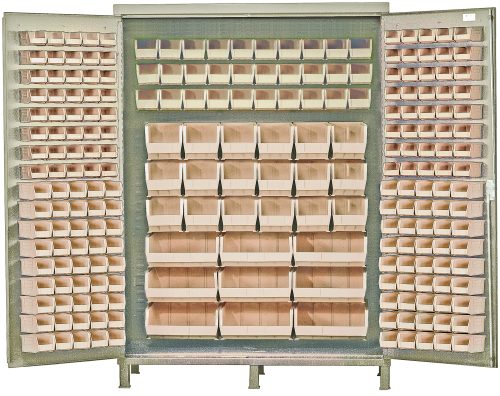 The Quantum Heavy-Duty 60 Bin Cabinet, sized at 60W x 24D x 84H, boasts a robust beige powder-coated finish with a welded design. It includes (80) QUS210, (90) QUS220, (30) QUS230, (18) QUS240, and (9) QUS250 ivory bins for optimal organization in its multiple grid compartments and door slots.