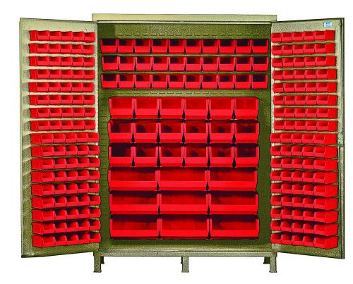 The Quantum Heavy-Duty 60 Bin Cabinet, measuring 60W x 24D x 84H, includes (90) QUS220 red bins arranged neatly with other bin sizes across shelves and doors for a tidy look. Made from 14-gauge welded steel with a beige powder-coated finish, it ensures durability and organization.