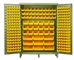 The Quantum Heavy-Duty 60 Bin Cabinet, with a beige powder-coated finish and all-welded construction, features organized rows of yellow bins: 80 QUS210, 90 QUS220, 30 QUS230, 18 QUS240, and 9 QUS250 on the doors and interior wall for robust industrial storage.