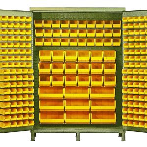 The Quantum Heavy-Duty 60 Bin Cabinet, with a beige powder-coated finish and all-welded construction, features organized rows of yellow bins: 80 QUS210, 90 QUS220, 30 QUS230, 18 QUS240, and 9 QUS250 on the doors and interior wall for robust industrial storage.
