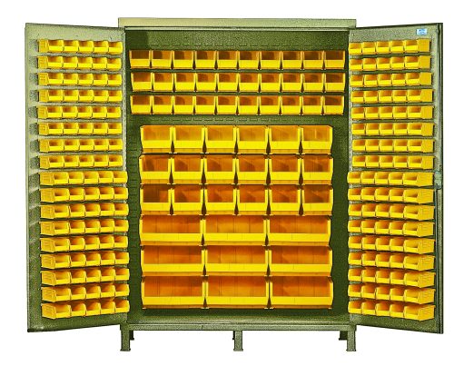 QSC-BG-60_YL.jpg The Quantum Heavy-Duty 60 Bin Cabinet, with a beige powder-coated finish and all-welded construction, features organized rows of yellow bins: 80 QUS210, 90 QUS220, 30 QUS230, 18 QUS240, and 9 QUS250 on the doors and interior wall for robust industrial storage.