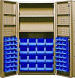 The Quantum Heavy-Duty 36 Bin Cabinet features robust construction with a dimension of 36W x 24D x 72H, and includes (16) QUS236 and (16) QUS240 blue bins. Each interior shelf supports up to 800 lbs, while the top offers open shelving for additional storage, making it ideal for organizing tools or parts.