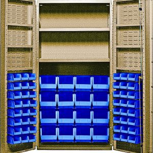 The Quantum Heavy-Duty 36 Bin Cabinet features robust construction with a dimension of 36W x 24D x 72H, and includes (16) QUS236 and (16) QUS240 blue bins. Each interior shelf supports up to 800 lbs, while the top offers open shelving for additional storage, making it ideal for organizing tools or parts.