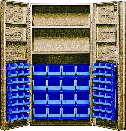 QSC-BG-64-2S-6DS_BL.jpg The Quantum Heavy-Duty 36 Bin Cabinet features robust construction with a dimension of 36W x 24D x 72H, and includes (16) QUS236 and (16) QUS240 blue bins. Each interior shelf supports up to 800 lbs, while the top offers open shelving for additional storage, making it ideal for organizing tools or parts.