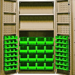 The Quantum Heavy-Duty 36 Bin Cabinet features open doors revealing green bins—16 QUS236 and 16 QUS240—and boasts a rugged 14-gauge all-welded construction that holds up to 800 lbs. per interior shelf and 60 lbs. per door shelf, ideal for organizing small parts or tools.