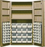 The Quantum Heavy-Duty 36 Bin Cabinet, with dimensions of 36W x 24D x 72H, features a metallic beige powder-coated finish and robust design. It includes (16) QUS236 and (16) QUS240 ivory bins. Each interior shelf supports up to 800 lb., while each door shelf holds up to 60 lb.