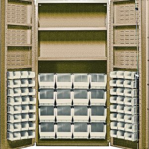 The Quantum Heavy-Duty 36 Bin Cabinet, with dimensions of 36W x 24D x 72H, features a metallic beige powder-coated finish and robust design. It includes (16) QUS236 and (16) QUS240 ivory bins. Each interior shelf supports up to 800 lb., while each door shelf holds up to 60 lb.