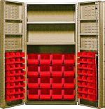 Check out the Quantum Heavy-Duty 36 Bin Cabinet, measuring 36W x 24D x 72H. Made with a 14 gauge all welded construction, it holds up to 800 lbs per interior shelf. It includes (16) QUS236 and (16) QUS240 red bins on shelves/doors for organizing small parts. Beige powder-coated finish.
