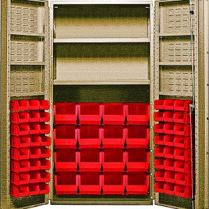 Check out the Quantum Heavy-Duty 36 Bin Cabinet, measuring 36W x 24D x 72H. Made with a 14 gauge all welded construction, it holds up to 800 lbs per interior shelf. It includes (16) QUS236 and (16) QUS240 red bins on shelves/doors for organizing small parts. Beige powder-coated finish.
