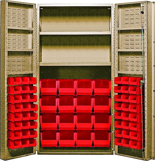 Check out the Quantum Heavy-Duty 36 Bin Cabinet, measuring 36W x 24D x 72H. Made with a 14 gauge all welded construction, it holds up to 800 lbs per interior shelf. It includes (16) QUS236 and (16) QUS240 red bins on shelves/doors for organizing small parts. Beige powder-coated finish.