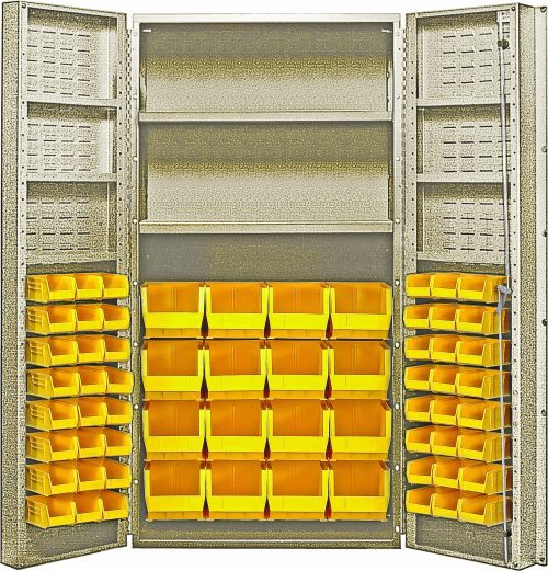 QSC-BG-64-2S-6DS_YL.jpg The Quantum Heavy-Duty 36 Bin Cabinet features a durable 14-gauge welded construction with a beige powder-coated finish. It includes (16) Qus236 and (16) Qus240 yellow bins, supports 800 lb. per interior shelf, and has a 60 lb. door shelf capacity for organizing tools or small parts effortlessly.