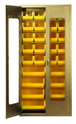 The Quantum Heavy-Duty 36 Bin Cabinet, measuring 36W x 18D x 78H, features clear acrylic doors and a beige powder-coated finish. Its all-welded 14-gauge construction includes multiple rows of yellow bins (20 Qus240 and 8 Qus250) for organized storage and easy content viewing.