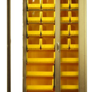 The Quantum Heavy-Duty 36 Bin Cabinet, measuring 36W x 18D x 78H, features clear acrylic doors and a beige powder-coated finish. Its all-welded 14-gauge construction includes multiple rows of yellow bins (20 Qus240 and 8 Qus250) for organized storage and easy content viewing.