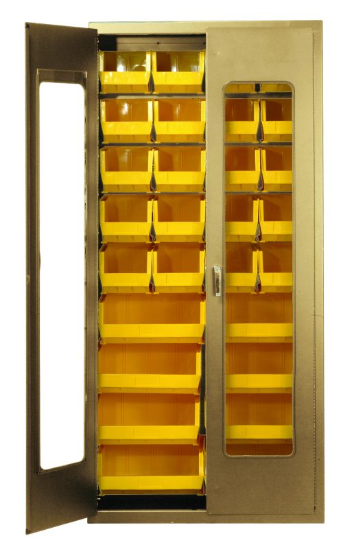 The Quantum Heavy-Duty 36 Bin Cabinet, measuring 36W x 18D x 78H, features clear acrylic doors and a beige powder-coated finish. Its all-welded 14-gauge construction includes multiple rows of yellow bins (20 Qus240 and 8 Qus250) for organized storage and easy content viewing.