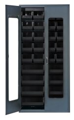 The Quantum Heavy-Duty 36 Bin Cabinet, measuring 36W x 18D x 78H, features clear acrylic doors and includes (20) Qus240 and (8) Qus250 black bins. It boasts a gray powder-coated finish and a durable 14 gauge all welded construction for lasting quality.