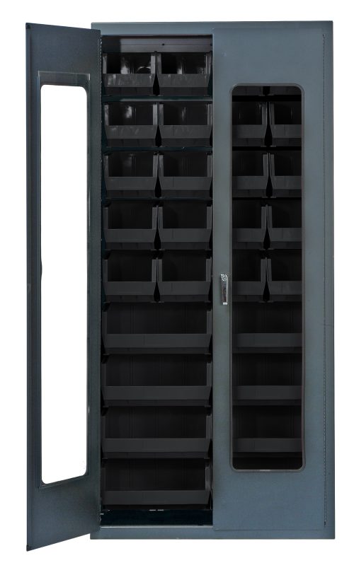 The Quantum Heavy-Duty 36 Bin Cabinet, measuring 36W x 18D x 78H, features clear acrylic doors and includes (20) Qus240 and (8) Qus250 black bins. It boasts a gray powder-coated finish and a durable 14 gauge all welded construction for lasting quality.