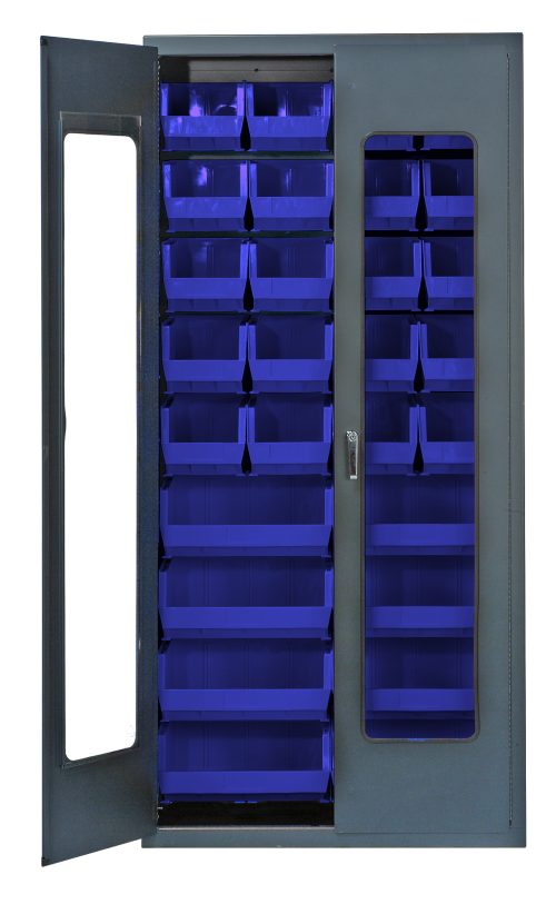 QSC-C240250_BL.jpg The Quantum Heavy-Duty 36 Bin Cabinet features a tall, open design with a gray powder-coated finish and clear acrylic doors. It includes 20 Qus240 and 8 Qus250 blue bins and has a durable 14-gauge all-welded construction. The right door has a handle, showcasing contents through transparent panels.