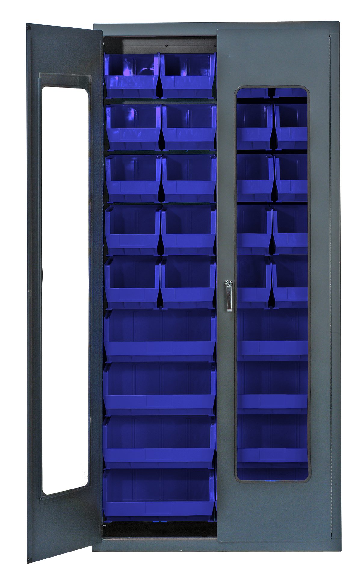 Heavy-Duty 36" Bin Cabinet, 36"W X 18"D X 78"H, Clear Acrylic Door Model, 14 Gauge All Welded Construction, Includes: (20) QUS240 And (8) QUS250 Blue Bins, Gray Powder-Coated Finish