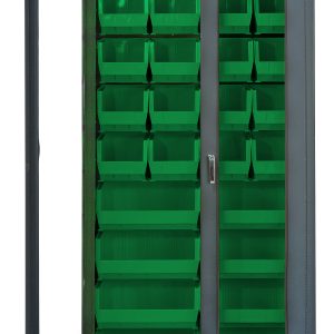 The Quantum Heavy-Duty 36 Bin Cabinet, 36W x 18D x 78H, has a gray powder-coated metal frame with a clear acrylic door that opens on the right. Inside are neat rows of green bins: (20) QUS240 and (8) QUS250.