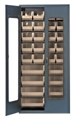 The Quantum Heavy-Duty 36 Bin Cabinet features a clear acrylic door and gray powder-coated finish, showcasing its 14-gauge, all-welded construction. Inside, it organizes (20) QUS240 and (8) QUS250 ivory bins across vertical columns.
