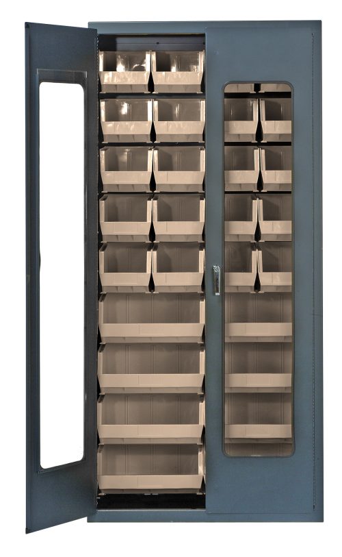 The Quantum Heavy-Duty 36 Bin Cabinet features a clear acrylic door and gray powder-coated finish, showcasing its 14-gauge, all-welded construction. Inside, it organizes (20) QUS240 and (8) QUS250 ivory bins across vertical columns.