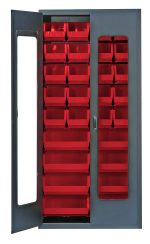 The 36W x 18D x 78H Quantum Heavy-Duty Bin Cabinet features a gray powder-coated finish, clear acrylic doors, and sturdy all-welded construction. It includes twenty Qus240 and eight Qus250 red bins, ideal for organizing small tools or items.