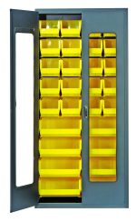 The Quantum Heavy-Duty 36W x 18D x 78H Bin Cabinet has a gray powder-coated finish and clear acrylic door. Inside, the sturdy 14-gauge welded construction holds 20 Qus240 and 8 Qus250 yellow bins, neatly organized and visible through the open door.