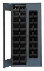 The Quantum Heavy-Duty Bin Cabinet features a clear acrylic door with a secure lock, showcasing 36 QUS240 black bins inside. The cabinets sleek gray powder-coated finish complements its 14-gauge all-welded construction and long vertical window pane on the right.