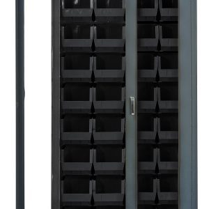 The Quantum Heavy-Duty Bin Cabinet features a clear acrylic door with a secure lock, showcasing 36 QUS240 black bins inside. The cabinets sleek gray powder-coated finish complements its 14-gauge all-welded construction and long vertical window pane on the right.