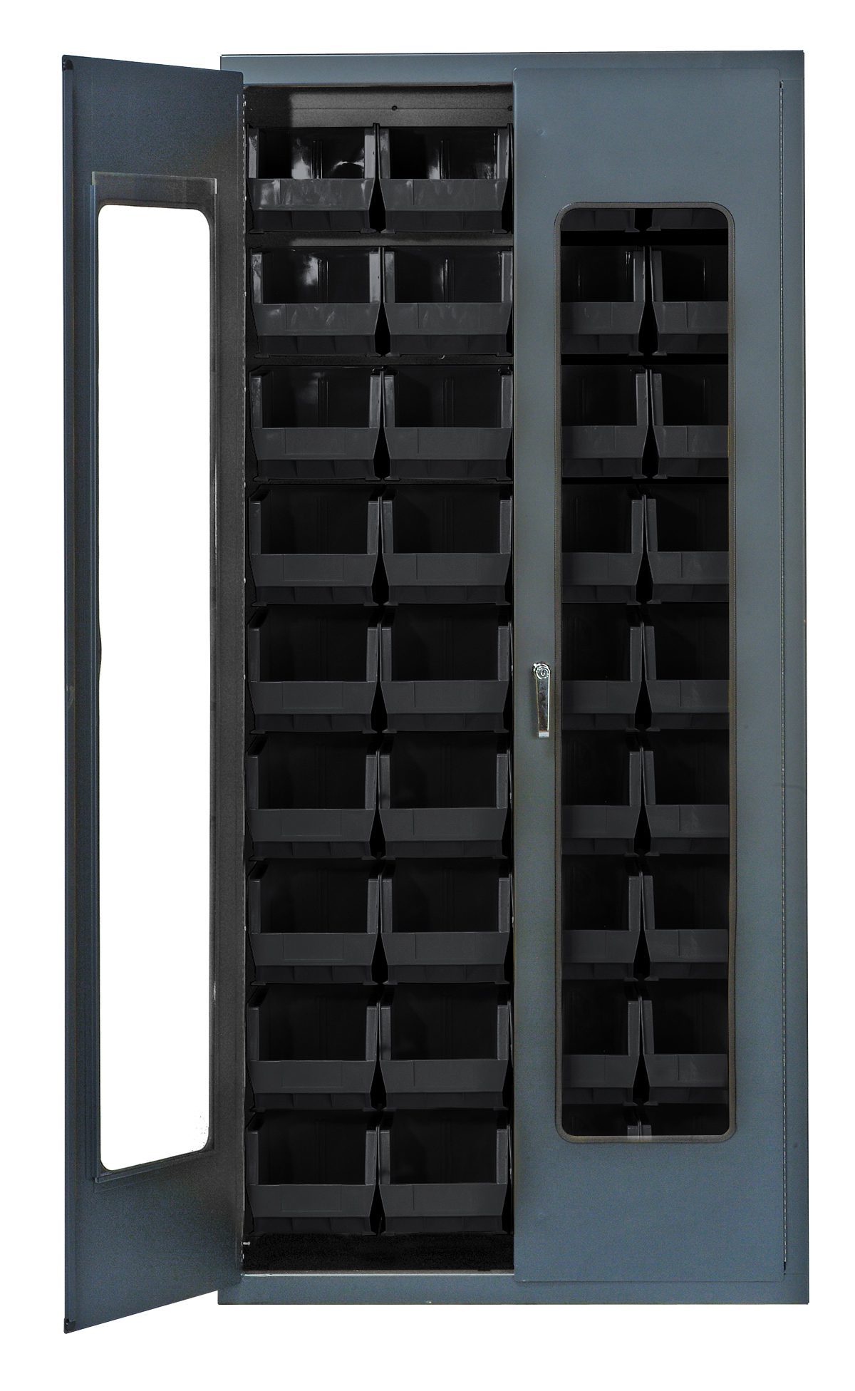 Heavy-Duty 36" Bin Cabinet, 36"W X 18"D X 78"H, Clear Acrylic Door Model, 14 Gauge All Welded Construction, Includes: (36) QUS240 Black Bins, Gray Powder-Coated Finish