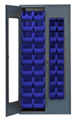 The Quantum Heavy-Duty 36 Bin Cabinet, 36W x 18D x 78H model with a clear acrylic door and gray powder-coated finish showcases neatly arranged (36) QUS240 blue bins inside. Its construction from 14-gauge all-welded material ensures durability and strength.