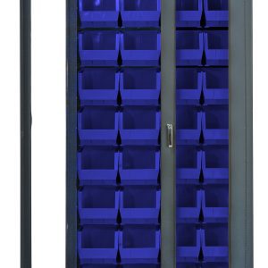 The Quantum Heavy-Duty 36 Bin Cabinet, 36W x 18D x 78H model with a clear acrylic door and gray powder-coated finish showcases neatly arranged (36) QUS240 blue bins inside. Its construction from 14-gauge all-welded material ensures durability and strength.