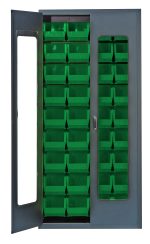 The Quantum Heavy-Duty 36 Bin Cabinet has a clear acrylic door and robust 14-gauge welded construction. It features a gray powder-coated finish and includes 36 QUS240 green bins neatly arranged inside, designed for maximum durability. Dimensions: 36W x 18D x 78H.