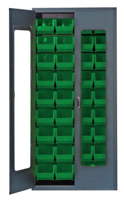 The Quantum Heavy-Duty 36 Bin Cabinet has a clear acrylic door and robust 14-gauge welded construction. It features a gray powder-coated finish and includes 36 QUS240 green bins neatly arranged inside, designed for maximum durability. Dimensions: 36W x 18D x 78H.