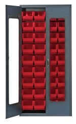 The Quantum Heavy-Duty 36 Bin Cabinet with clear acrylic door measures 36W x 18D x 78H and features a gray powder-coated finish. It includes 36 red Qus240 bins, all organized within its sturdy, all-welded 14-gauge construction.