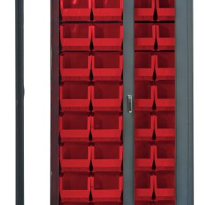 The Quantum Heavy-Duty 36 Bin Cabinet with clear acrylic door measures 36W x 18D x 78H and features a gray powder-coated finish. It includes 36 red Qus240 bins, all organized within its sturdy, all-welded 14-gauge construction.